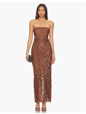 Camila Coelho Strapless Sequin Maxi Dress in Brown. SIZE XXS
